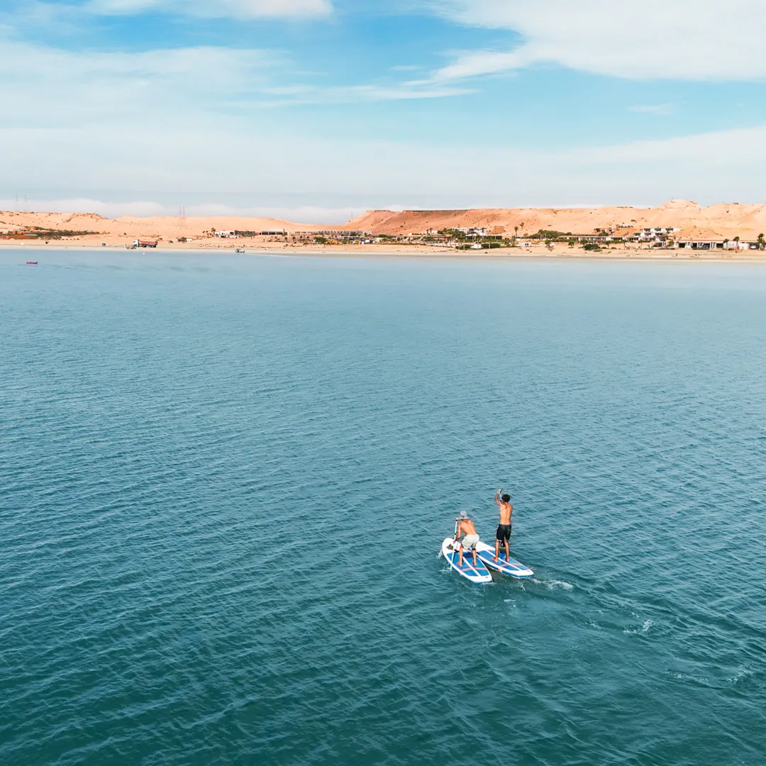 Aerial view of paddleboarders on the Dakhla lagoon