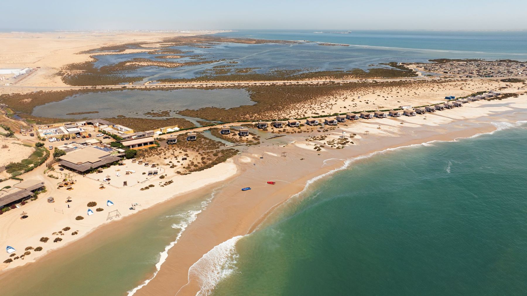 Aerial view of a beach resort on the coast of Dakhla