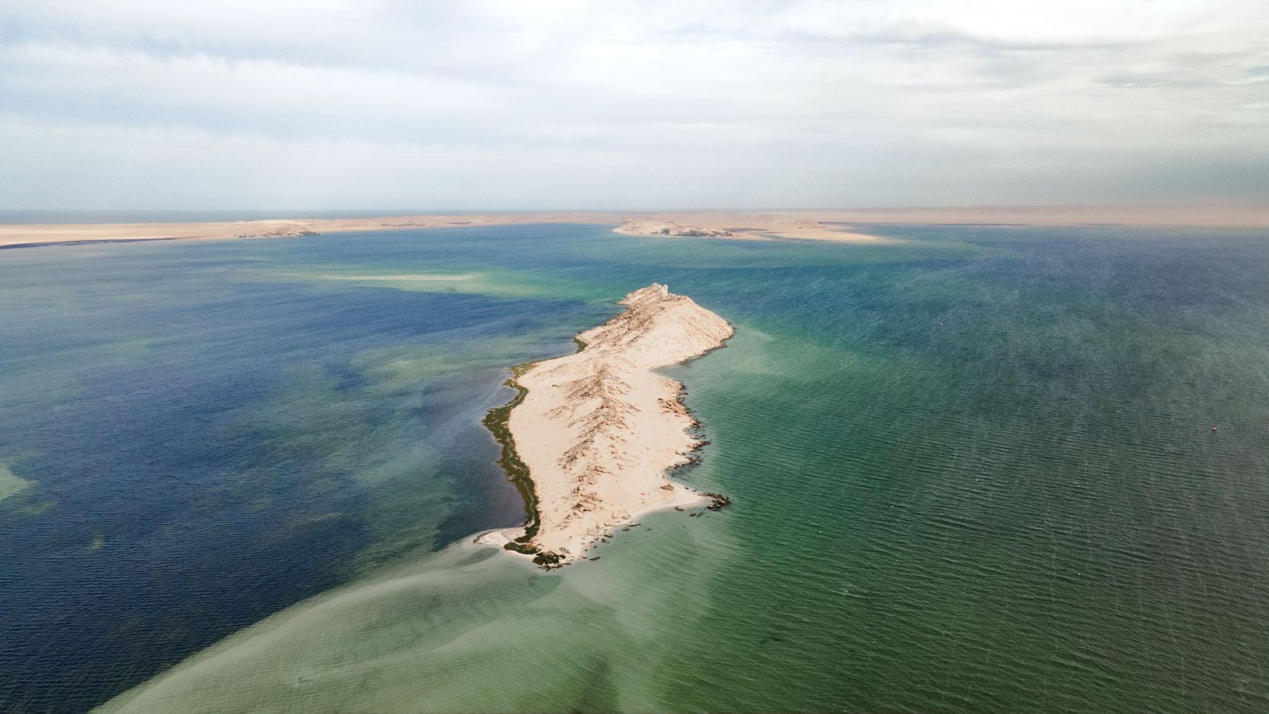 Aerial view of a sand island in the Dakhla lagoon