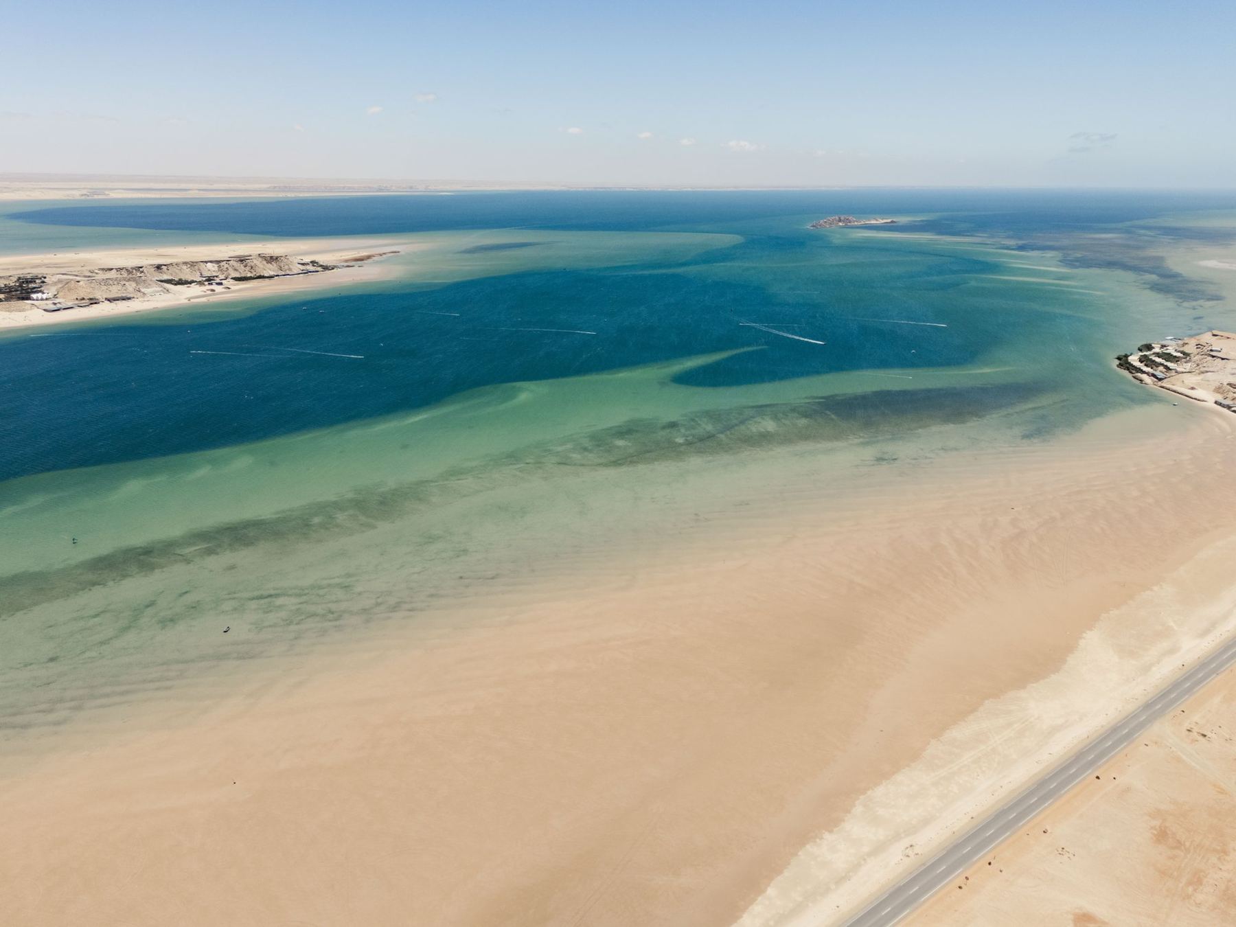 Aerial view of the Dakhla lagoon and its turquoise shallows